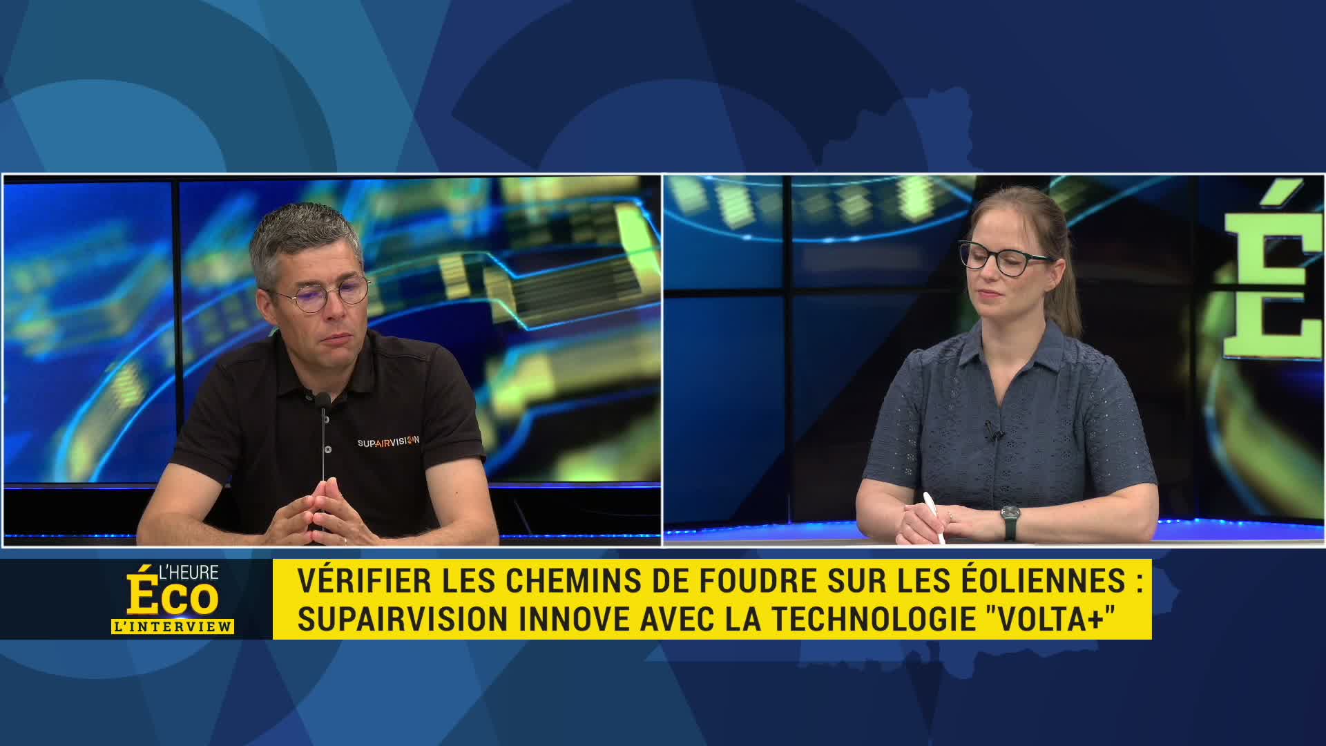 Plateau de l'émission L'Heure Éco sur Canal 32 avec deux intervenants face à face