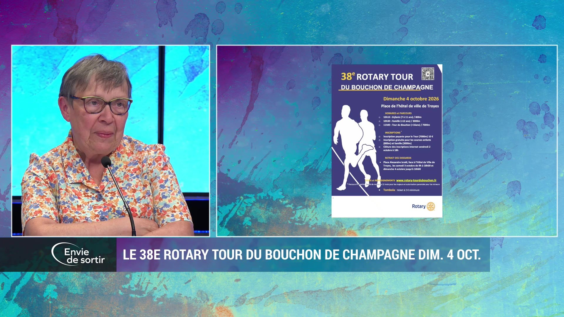 Intervenante sur le plateau d'Envie de sortir face à l'affiche du 38e Rotary Tour du Bouchon de Champagne