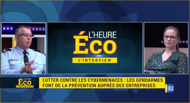 Plateau de L'Heure Éco avec un gendarme et une intervenante discutant de la prévention des cybermenaces
