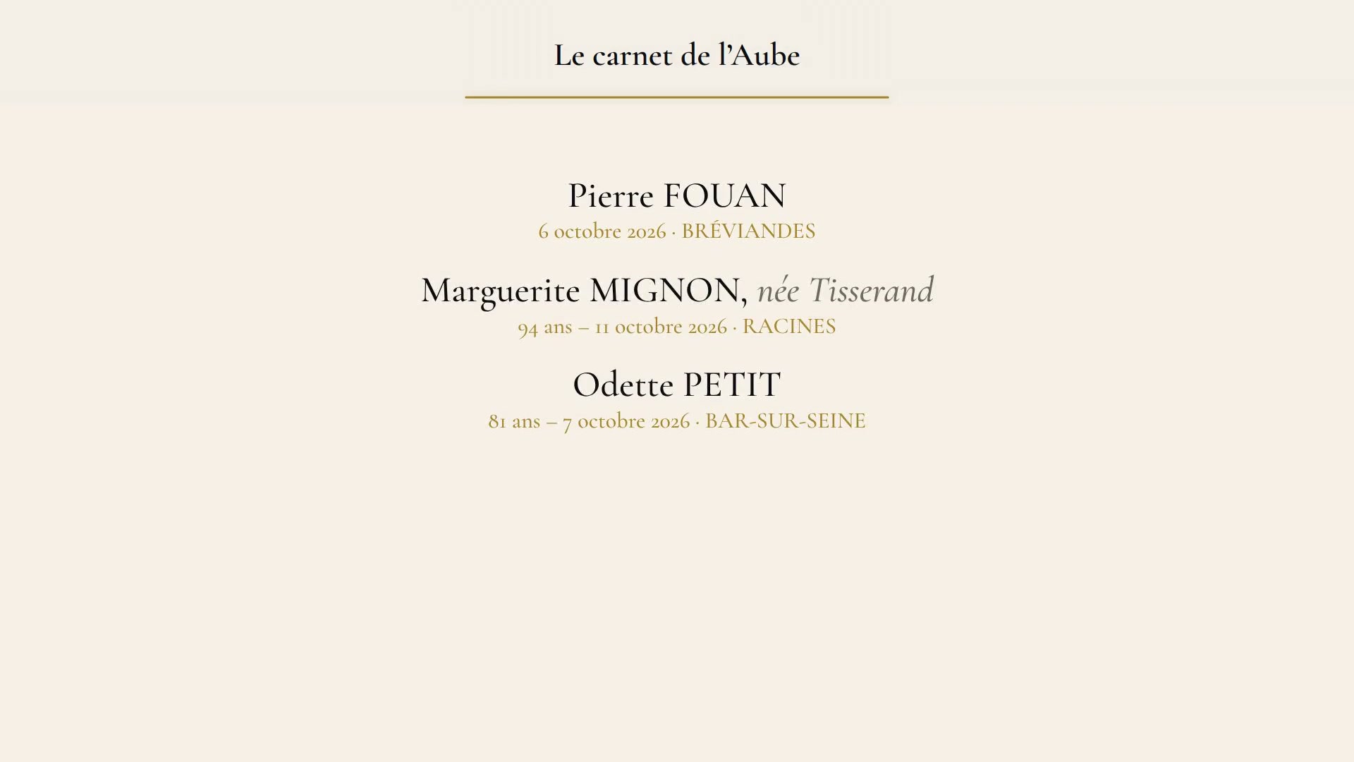 Carnet de l'Aube listant trois avis de décès sur fond beige avec noms et communes en typographie élégante