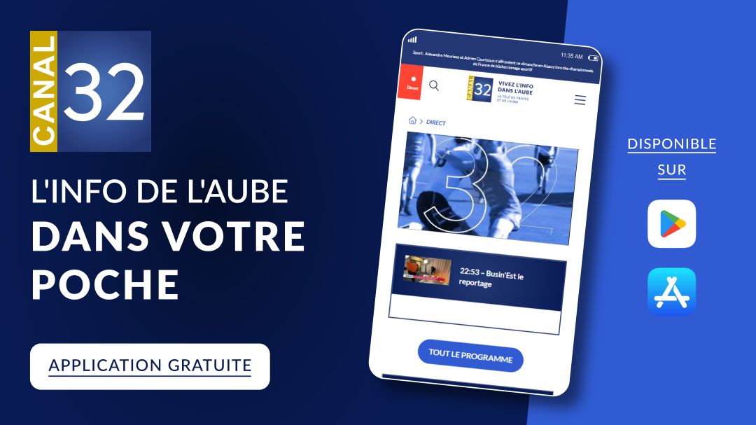 Deux smartphones affichant l'application Canal 32 avec un QR code et la mention iOS et Android sur fond blanc