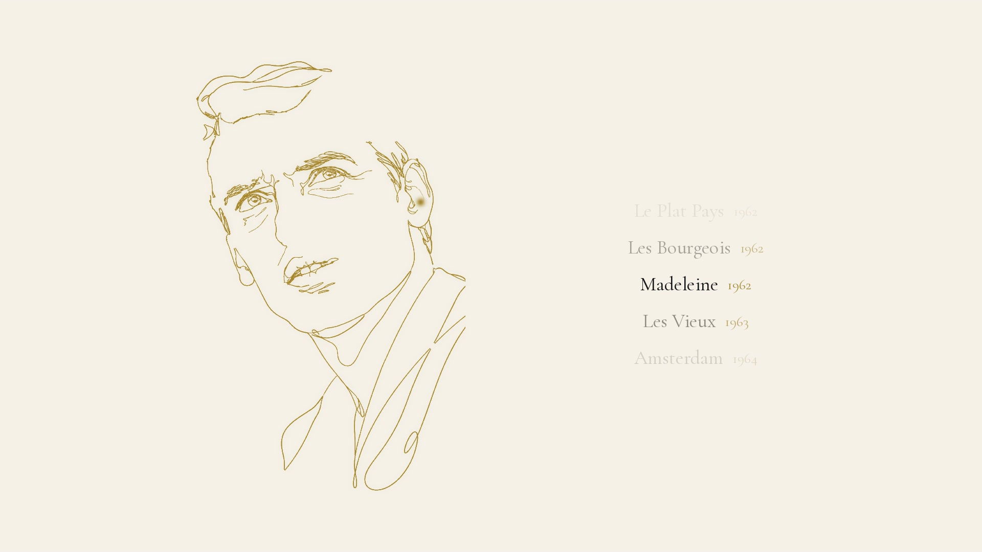 Portrait au trait doré d'un homme jeune, avec une liste de chansons des années 1960 dont Madeleine en gras