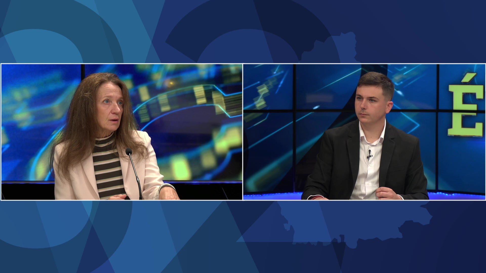 Vanina Paoli-Gagin en interview face au journaliste sur le plateau de l'Heure Éco